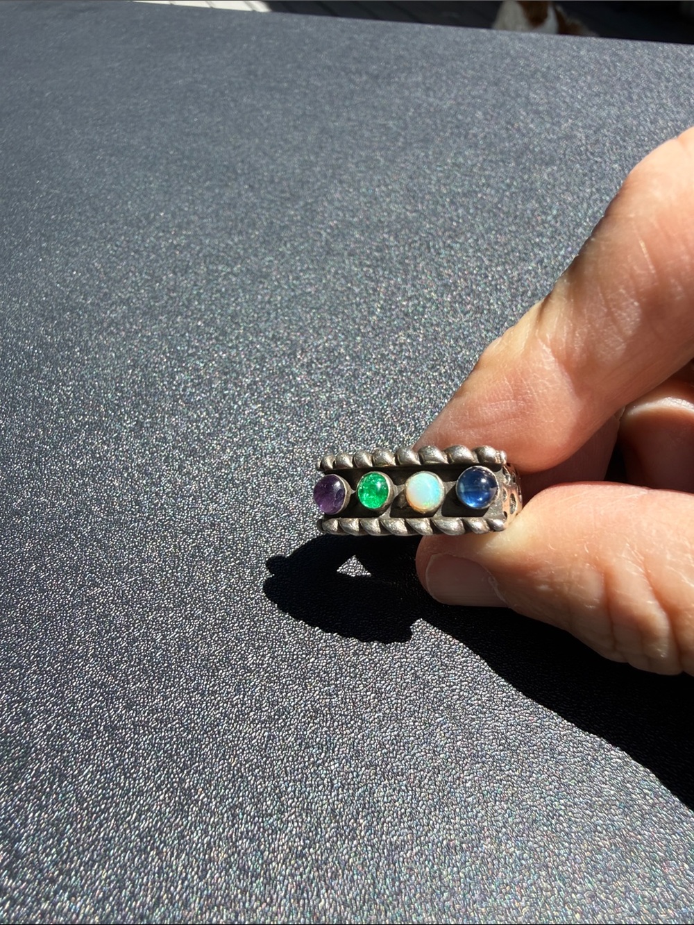 Dian Malouf Ring• 925 Sterling• stones: opal, emerald, amethyst, sapphire. 7